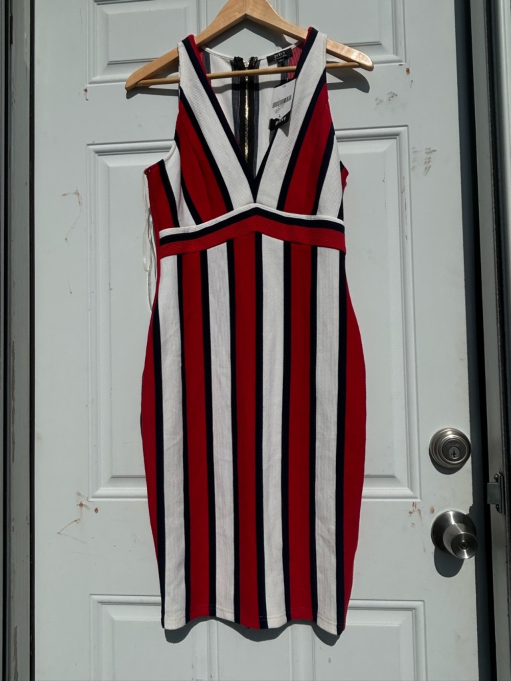 Privy Red, White & Black Striped V-Neck Midi Dress